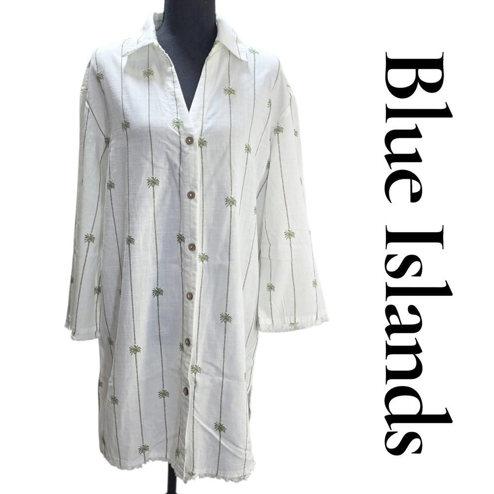 Blue Islands Shirt Dress Womens M White Cotton Rayon Palm Tree Boho Beach Tunic